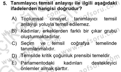 Toplumsal Cinsiyet Sosyolojisi Dersi Ara Sınavı Deneme Sınav Soruları 5. Soru