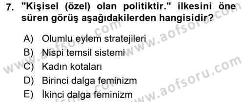 Toplumsal Cinsiyet Sosyolojisi Dersi Ara Sınavı Deneme Sınav Soruları 7. Soru