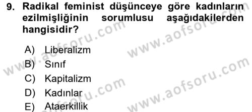 Toplumsal Cinsiyet Sosyolojisi Dersi Ara Sınavı Deneme Sınav Soruları 9. Soru
