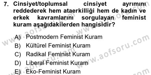 Toplumsal Cinsiyet Sosyolojisi Dersi 2017 - 2018 Yılı 3 Ders Sınav Soruları 7. Soru