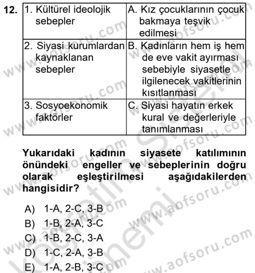 Toplumsal Cinsiyet Sosyolojisi Dersi Ara Sınavı Deneme Sınav Soruları 12. Soru
