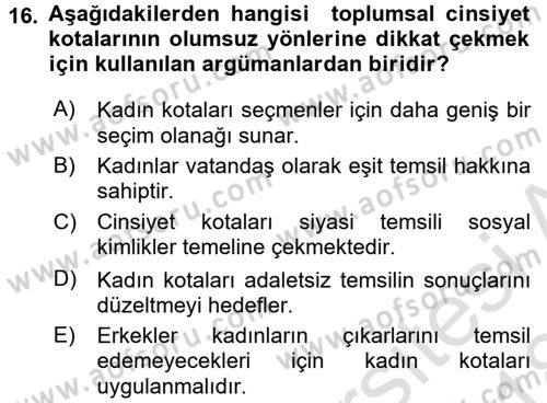 Toplumsal Cinsiyet Sosyolojisi Dersi Ara Sınavı Deneme Sınav Soruları 16. Soru
