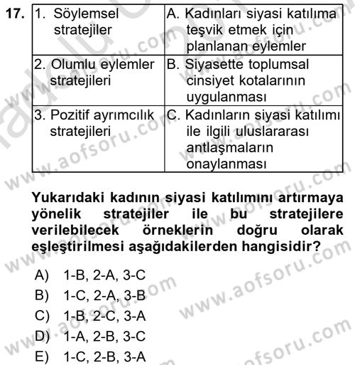 Toplumsal Cinsiyet Sosyolojisi Dersi Ara Sınavı Deneme Sınav Soruları 17. Soru