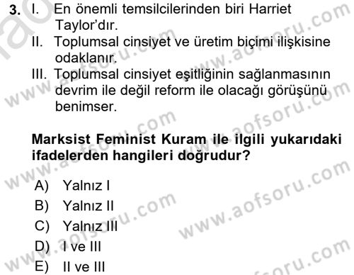 Toplumsal Cinsiyet Sosyolojisi Dersi Ara Sınavı Deneme Sınav Soruları 3. Soru