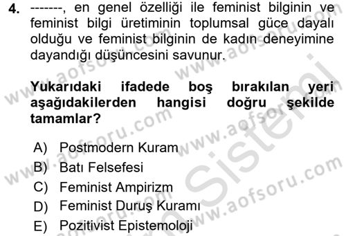Toplumsal Cinsiyet Sosyolojisi Dersi Ara Sınavı Deneme Sınav Soruları 4. Soru