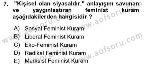 Toplumsal Cinsiyet Sosyolojisi Dersi Ara Sınavı Deneme Sınav Soruları 7. Soru