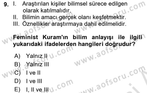 Toplumsal Cinsiyet Sosyolojisi Dersi Ara Sınavı Deneme Sınav Soruları 9. Soru