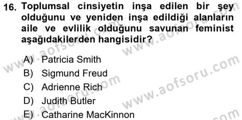 Toplumsal Cinsiyet Sosyolojisi Dersi 2017 - 2018 Yılı (Final) Dönem Sonu Sınav Soruları 16. Soru