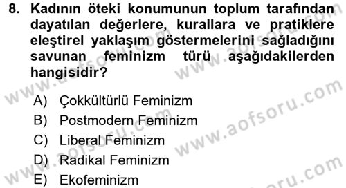 Toplumsal Cinsiyet Sosyolojisi Dersi 2017 - 2018 Yılı (Final) Dönem Sonu Sınav Soruları 8. Soru
