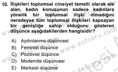 Toplumsal Cinsiyet Sosyolojisi Dersi 2019 - 2020 Yılı (Vize) Ara Sınav Soruları 10. Soru