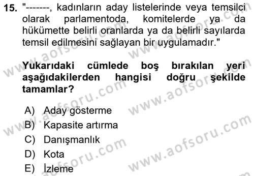 Toplumsal Cinsiyet Sosyolojisi Dersi Ara Sınavı Deneme Sınav Soruları 15. Soru