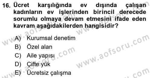Toplumsal Cinsiyet Sosyolojisi Dersi Ara Sınavı Deneme Sınav Soruları 16. Soru