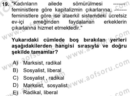 Toplumsal Cinsiyet Sosyolojisi Dersi 2019 - 2020 Yılı (Vize) Ara Sınavı 19. Soru