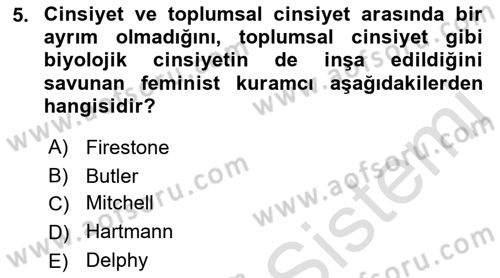Toplumsal Cinsiyet Sosyolojisi Dersi Ara Sınavı Deneme Sınav Soruları 5. Soru