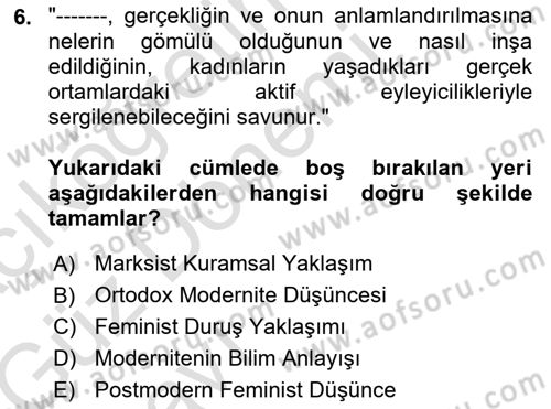 Toplumsal Cinsiyet Sosyolojisi Dersi Ara Sınavı Deneme Sınav Soruları 6. Soru