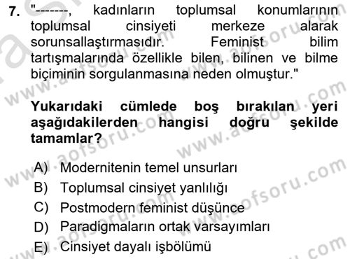 Toplumsal Cinsiyet Sosyolojisi Dersi 2019 - 2020 Yılı (Vize) Ara Sınav Soruları 7. Soru