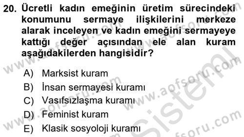 Toplumsal Cinsiyet Sosyolojisi Dersi 2019 - 2020 Yılı (Final) Dönem Sonu Sınav Soruları 20. Soru