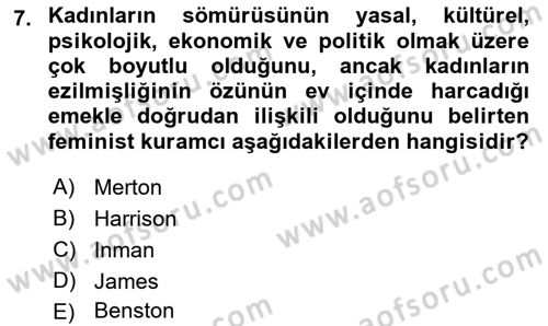 Toplumsal Cinsiyet Sosyolojisi Dersi 2019 - 2020 Yılı (Final) Dönem Sonu Sınav Soruları 7. Soru