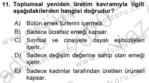 Toplumsal Cinsiyet Sosyolojisi Dersi 2020 - 2021 Yılı Yaz Okulu Sınav Soruları 11. Soru