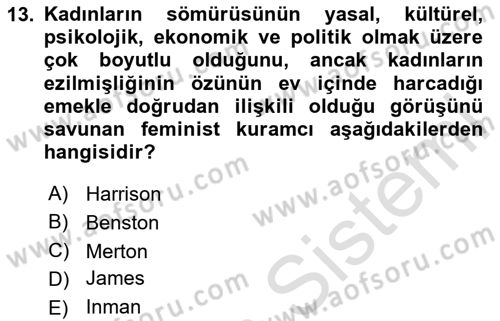 Toplumsal Cinsiyet Sosyolojisi Dersi 2020 - 2021 Yılı Yaz Okulu Sınav Soruları 13. Soru