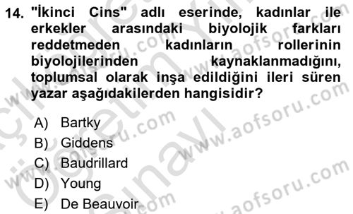 Toplumsal Cinsiyet Sosyolojisi Dersi 2020 - 2021 Yılı Yaz Okulu Sınav Soruları 14. Soru