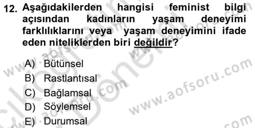 Toplumsal Cinsiyet Sosyolojisi Dersi 2021 - 2022 Yılı (Vize) Ara Sınav Soruları 12. Soru
