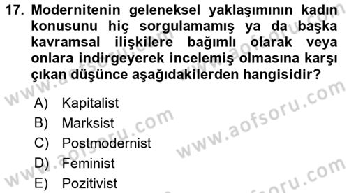 Toplumsal Cinsiyet Sosyolojisi Dersi 2021 - 2022 Yılı (Vize) Ara Sınav Soruları 17. Soru