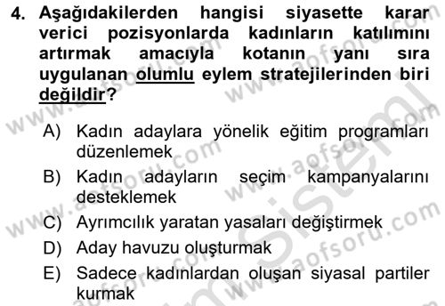 Toplumsal Cinsiyet Sosyolojisi Dersi Ara Sınavı Deneme Sınav Soruları 4. Soru