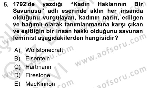 Toplumsal Cinsiyet Sosyolojisi Dersi Ara Sınavı Deneme Sınav Soruları 5. Soru