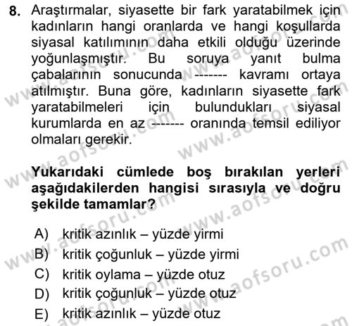 Toplumsal Cinsiyet Sosyolojisi Dersi Ara Sınavı Deneme Sınav Soruları 8. Soru