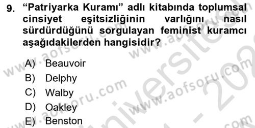 Toplumsal Cinsiyet Sosyolojisi Dersi 2021 - 2022 Yılı (Vize) Ara Sınav Soruları 9. Soru