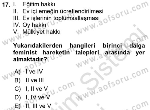 Toplumsal Cinsiyet Sosyolojisi Dersi 2021 - 2022 Yılı (Final) Dönem Sonu Sınav Soruları 17. Soru