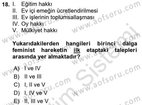 Toplumsal Cinsiyet Sosyolojisi Dersi 2021 - 2022 Yılı Yaz Okulu Sınav Soruları 18. Soru