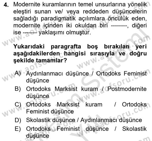 Toplumsal Cinsiyet Sosyolojisi Dersi 2021 - 2022 Yılı Yaz Okulu Sınav Soruları 4. Soru