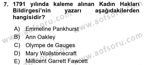 Toplumsal Cinsiyet Sosyolojisi Dersi 2021 - 2022 Yılı Yaz Okulu Sınav Soruları 7. Soru
