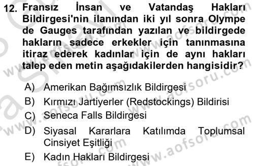 Toplumsal Cinsiyet Sosyolojisi Dersi Ara Sınavı Deneme Sınav Soruları 12. Soru