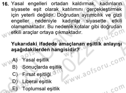 Toplumsal Cinsiyet Sosyolojisi Dersi 2022 - 2023 Yılı (Vize) Ara Sınav Soruları 16. Soru