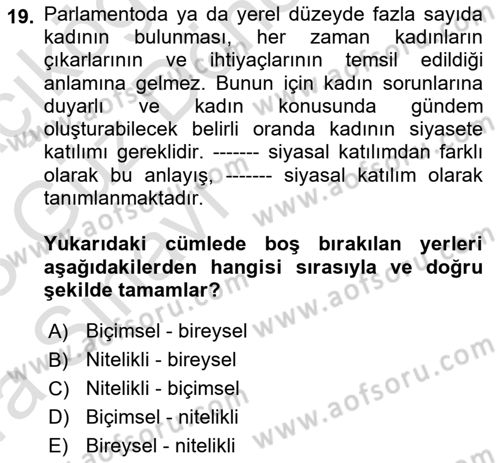Toplumsal Cinsiyet Sosyolojisi Dersi Ara Sınavı Deneme Sınav Soruları 19. Soru