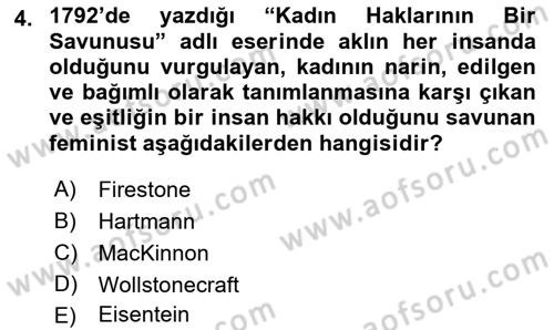 Toplumsal Cinsiyet Sosyolojisi Dersi Ara Sınavı Deneme Sınav Soruları 4. Soru