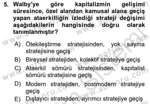 Toplumsal Cinsiyet Sosyolojisi Dersi Ara Sınavı Deneme Sınav Soruları 5. Soru