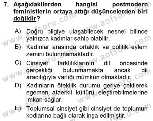 Toplumsal Cinsiyet Sosyolojisi Dersi Ara Sınavı Deneme Sınav Soruları 7. Soru