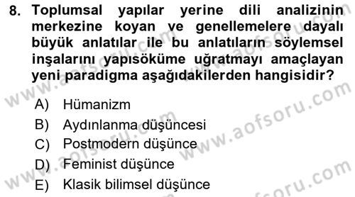Toplumsal Cinsiyet Sosyolojisi Dersi Ara Sınavı Deneme Sınav Soruları 8. Soru
