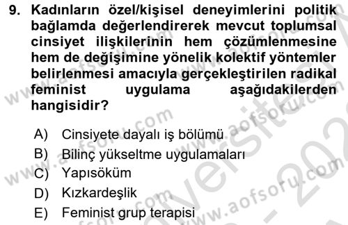 Toplumsal Cinsiyet Sosyolojisi Dersi Ara Sınavı Deneme Sınav Soruları 9. Soru