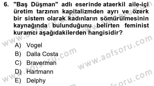 Toplumsal Cinsiyet Sosyolojisi Dersi 2022 - 2023 Yılı (Final) Dönem Sonu Sınav Soruları 6. Soru