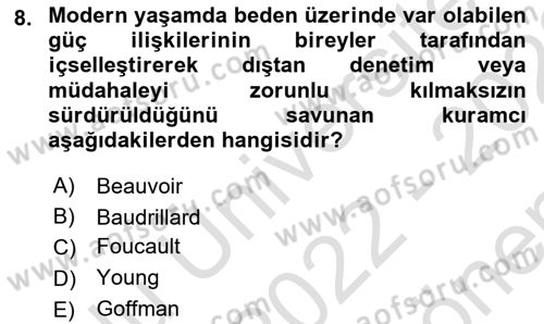 Toplumsal Cinsiyet Sosyolojisi Dersi 2022 - 2023 Yılı (Final) Dönem Sonu Sınav Soruları 8. Soru
