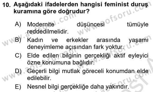 Toplumsal Cinsiyet Sosyolojisi Dersi Ara Sınavı Deneme Sınav Soruları 10. Soru