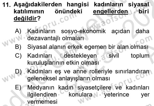 Toplumsal Cinsiyet Sosyolojisi Dersi 2023 - 2024 Yılı (Vize) Ara Sınav Soruları 11. Soru