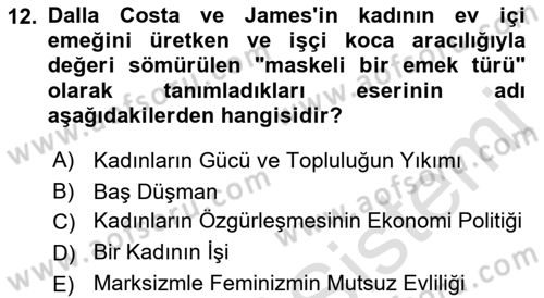 Toplumsal Cinsiyet Sosyolojisi Dersi 2023 - 2024 Yılı (Final) Dönem Sonu Sınav Soruları 12. Soru