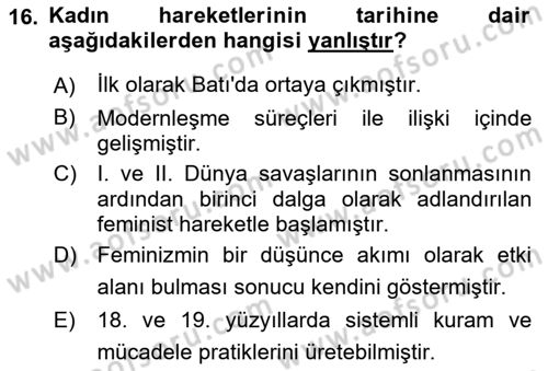 Toplumsal Cinsiyet Sosyolojisi Dersi 2023 - 2024 Yılı (Final) Dönem Sonu Sınav Soruları 16. Soru