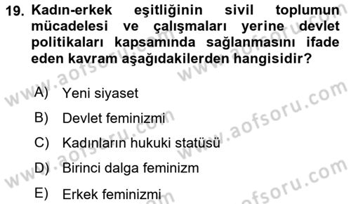 Toplumsal Cinsiyet Sosyolojisi Dersi 2023 - 2024 Yılı (Final) Dönem Sonu Sınav Soruları 19. Soru